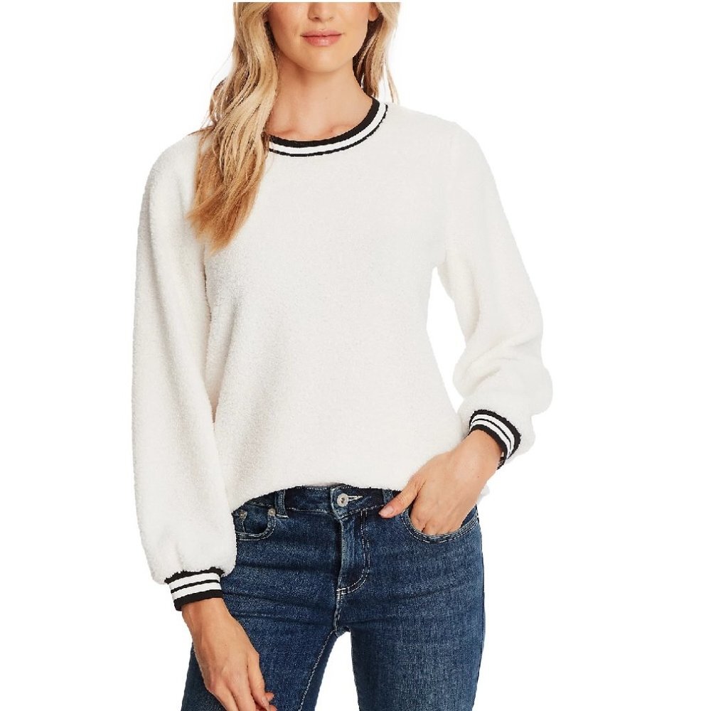 CeCe Striped-Trim Crewneck Teddy Sweater